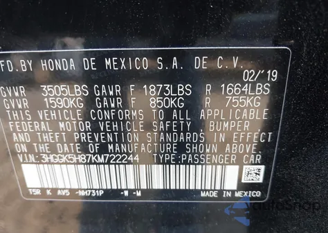 2019 Honda Fit Ex from USA, damaged, VIN 3HGGK5H87KM722244